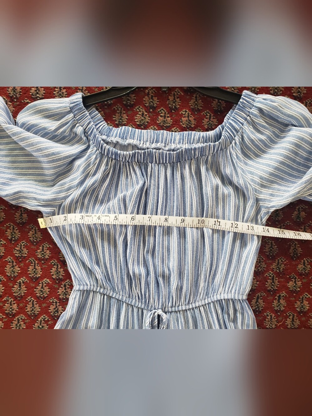 Lapis Boho Striped Off-Shoulder Midi Dress with Crochet Lace & Tassels Small - Picture 12 of 13